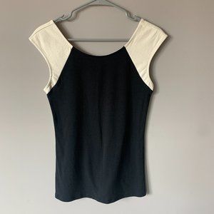 Express Blouse / Short Sleeve Top - Black with White Leather Sleeves